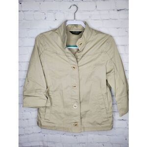 Eddie Bauer Jacket M Beige Tan 3/4 Sleeve Light Pea Coat Womens Cotton Spandex